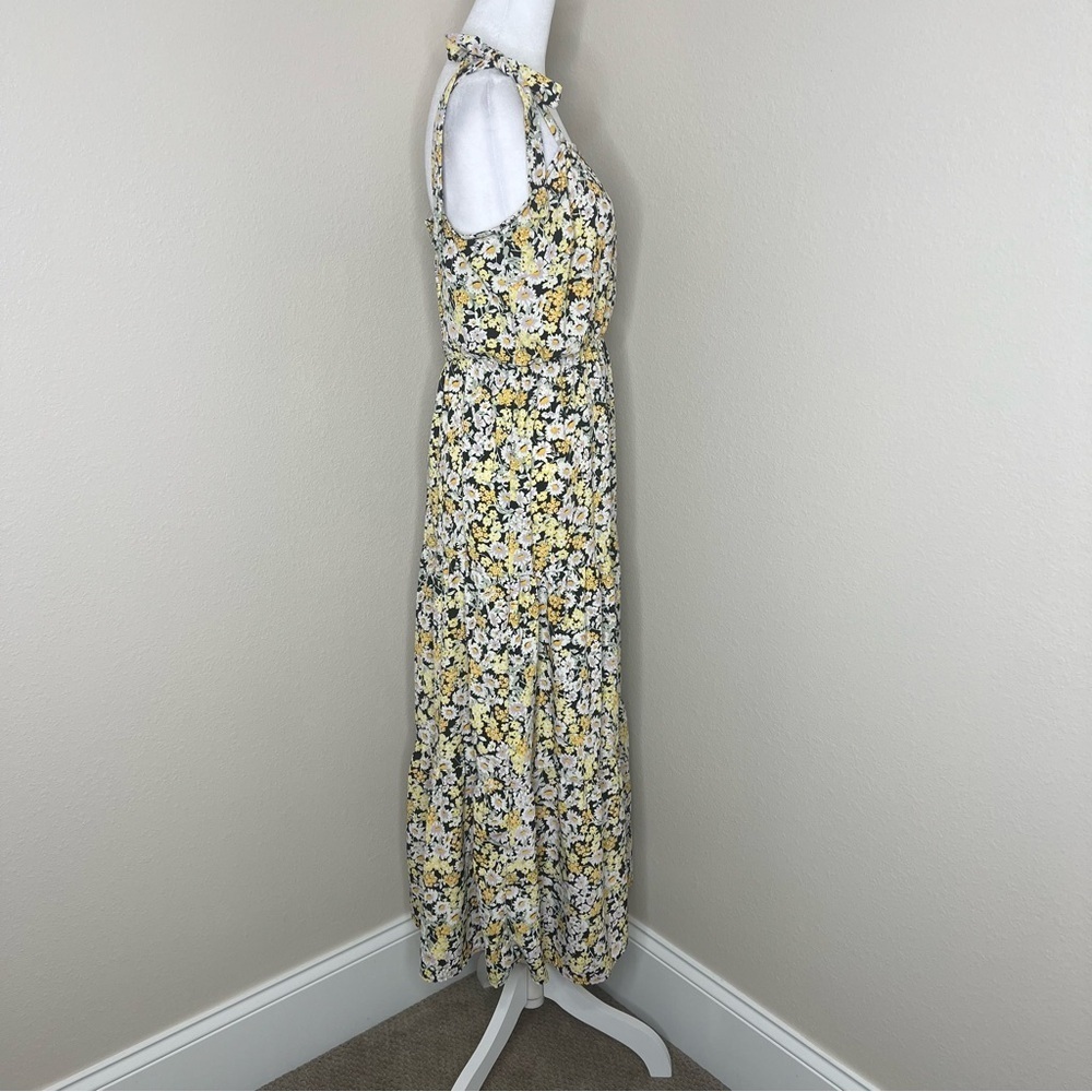 Social Standard by Sanctuary Black Yellow Floral Shoulder Tie Smocked Midi Dress - Picture 10 of 13